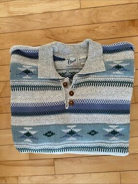 CHINOOK 100% Cotton long sleeved open neck Sweater in gray & blues Size Large